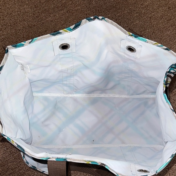 Thirty One Blue/Brown Plaid Canvas Utility Tote Bag with Brown Straps - Picture 7 of 10